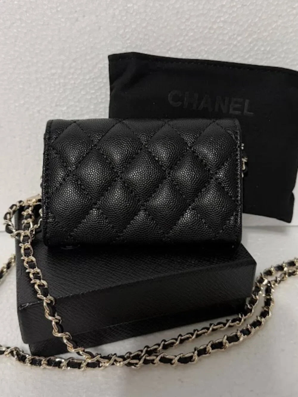 Black Quilted Caviar Leather Mini Flap Card Holder Chain Crossbody Wallet